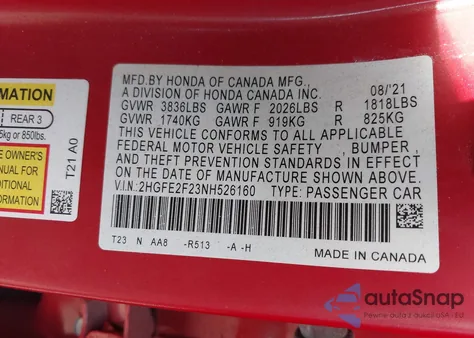 2022 Honda Civic Lx from USA, damaged, VIN 2HGFE2F23NH526160